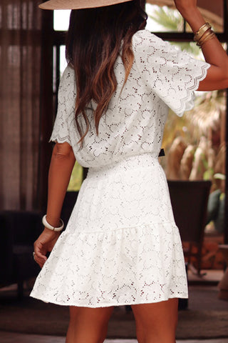 White Scalloped Floral Lace Crochet Short Sleeve Mini Dress - Alleure