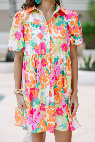 Floral Short Dress with Puff Sleeves & Button Front