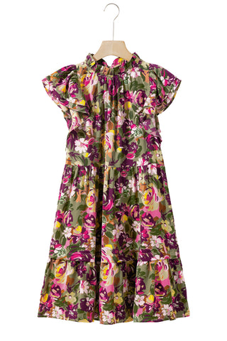 Green Floral Print Flutter Shoulder Ruffled Mini Dress - Alleure