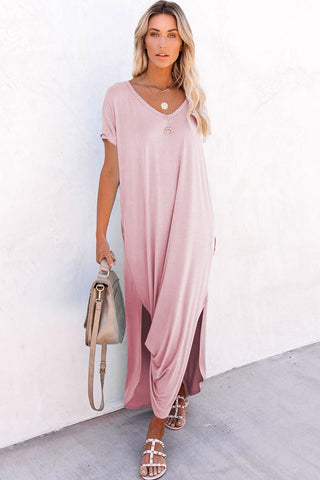 Pink Solid Color Hidden Pocket V Neck Slit Maxi Dress - Alleure