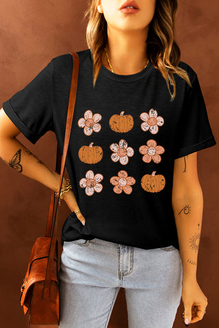 Black Pumpkin Flower Print Short Sleeve T Shirt