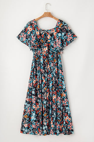 Sky Blue Boho Floral Print Knotted Backless Maxi Dress - Alleure