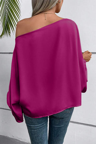 Silky Blouse Asymmetrical Neckline Lantern Sleeves - 2 Colors