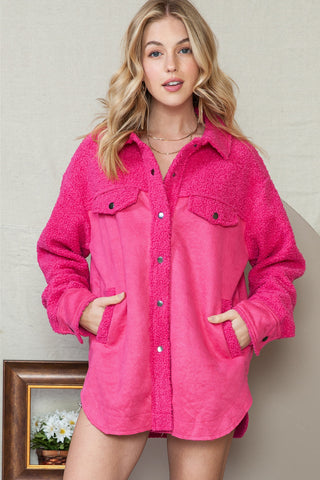 Hot Pink Faux Suede Sherpa Patchwork Button Up Shacket