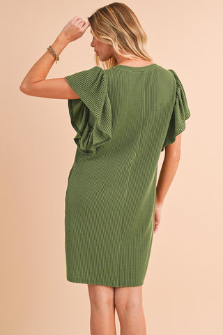 Grass Green Ribbed Ruffle Sleeve Mini Dress - Alleure