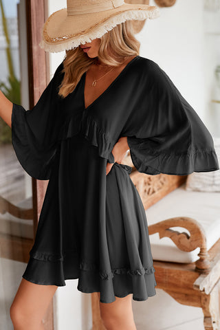 Black Ruffled 3/4 Sleeve V Neck Babydoll Short Dress - Alleure