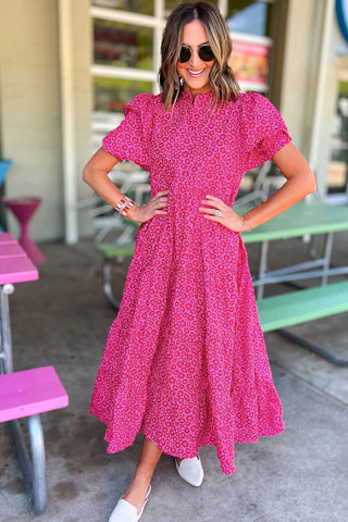 Wholesale Rose Red Mock Neck Puff Sleeve Floral Tiered Maxi Dress - Alleure