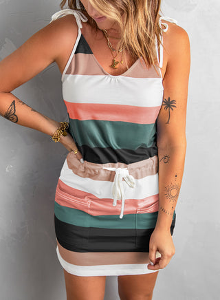 Casual Striped Tie Shoulder Sleeveless Pocket Dress - Alleure