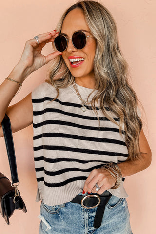 Striped Knitted Round Neck Top with Cap Sleeves