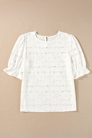 White Flower Eyelet Jacquard Keyhole Puff Sleeve Blouse - 3 Colors