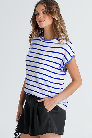 Blue Stripe Knit Dolman Sleeves with Trim