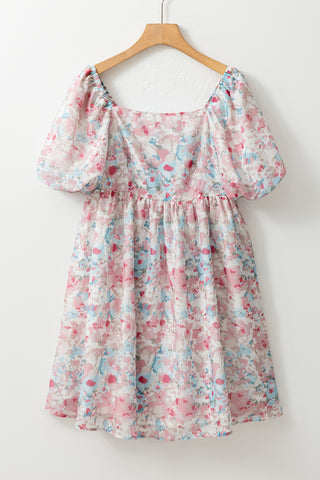 Pink Floral Lantern Sleeve Square Neck Ruffled Mini Dress - Alleure