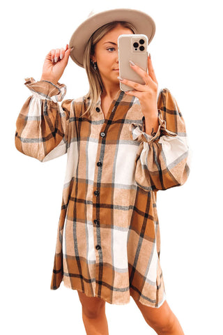 Khaki Plaid Pattern Collared Neck Ruffled Sleeve Shirt Dress - Alleure