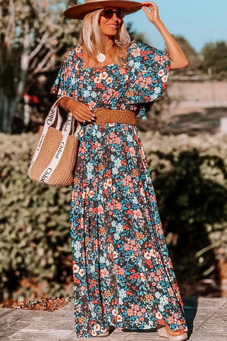 Sky Blue Boho Floral Print Knotted Backless Maxi Dress - Alleure