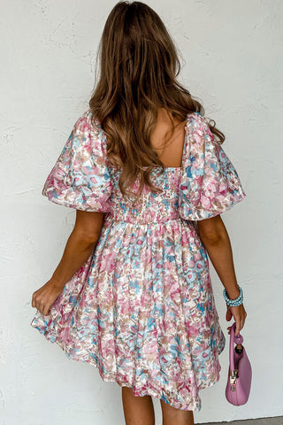 Pink Floral Lantern Sleeve Square Neck Ruffled Mini Dress - Alleure