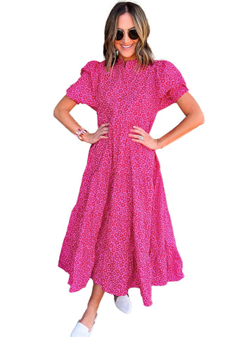 Wholesale Rose Red Mock Neck Puff Sleeve Floral Tiered Maxi Dress - Alleure