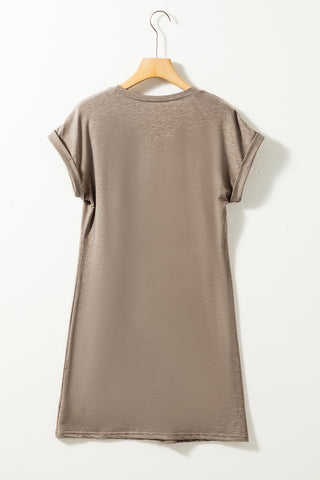 Light Beige Center Seamed Roll Sleeve T-shirt Dress - Alleure