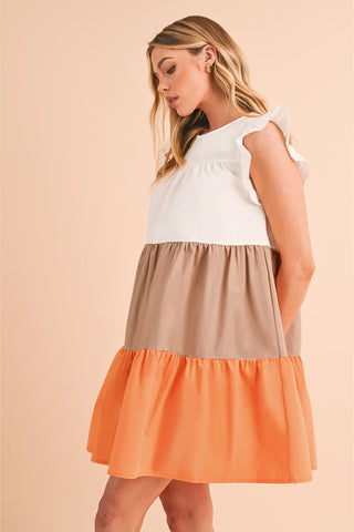 Wholesale Apricot Ruffle Color Block Tiered Mini Dress - Alleure