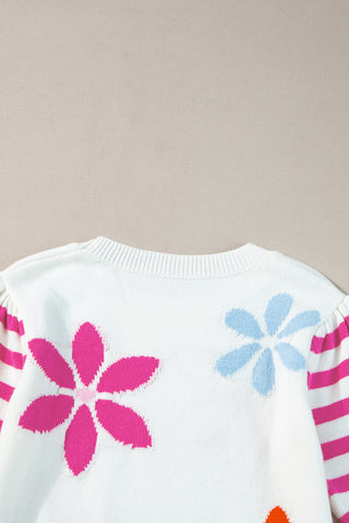 White Knit with Flowers and Pink Striped Sleeves