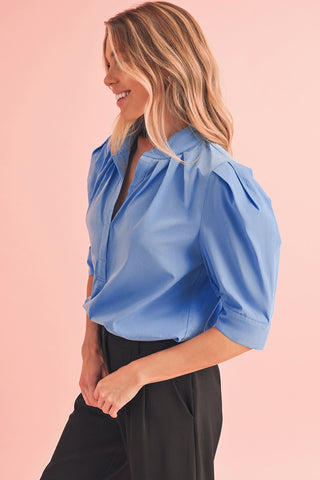 Blue Blouse with Pleats & Puff Sleeves