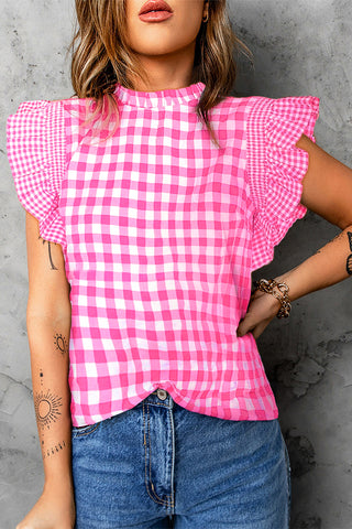 Checkered Blouse with Ruffle Trim Sleeves