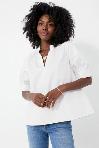 White Bubble Sleeve Blouse V Neck