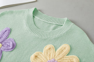 Round Neck Knit with Embrodiered Flowers - 3 Colors