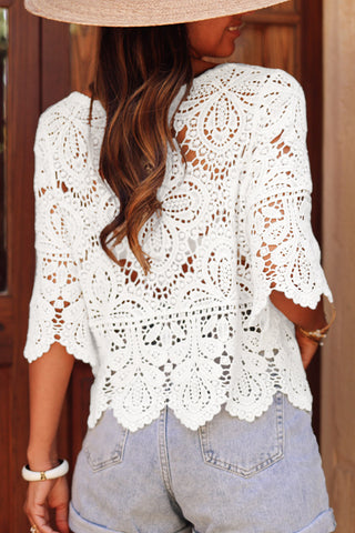 Oatmeal Hollowed Macrame Lace Crochet Bohemian Blouse - Alleure