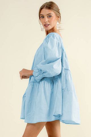 Wholesale Sky Blue Puff Sleeve Asymmetric Pleated Flowy Mini Dress - Alleure