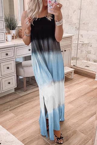 Wholesale Sky Blue Tie Dye Spaghetti Strap Slit Maxi Dress - Alleure