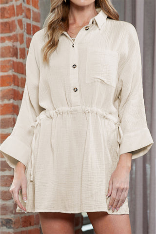 Wholesale Beige Cotton Solid Color Buttoned Closure Long Sleeve Casual Dress - Alleure