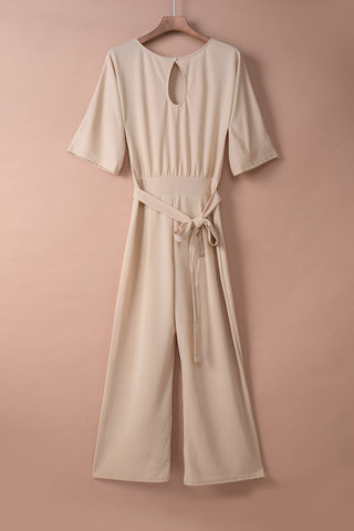 Beige Jumpsuit Boat Neckline Wide Legs Tie Sash