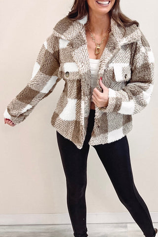 Brown & White Plaid Sherpa Jacket