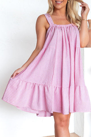 Wholesale Pink Striped Ruffle Hem Sleeveless Mini Flared Dress - Alleure