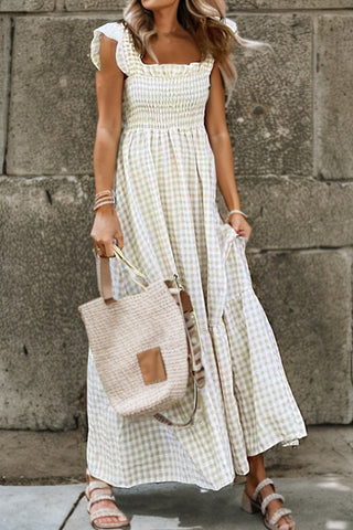 Khaki Plaid Ruffled Sleeveless Smocked Maxi Dress - Alleure