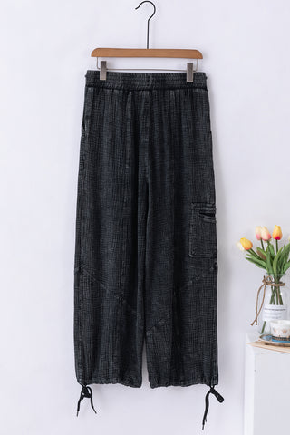 Black Mineral Wash Cargo Pants Drawstring Waist