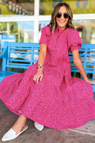 Wholesale Rose Red Mock Neck Puff Sleeve Floral Tiered Maxi Dress - Alleure