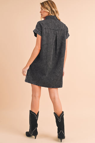 Wholesale Black Vintage Snap Buttoned Mini Denim Dress - Alleure