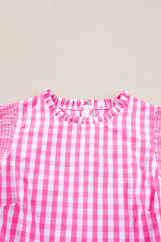 Checkered Blouse with Ruffle Trim Sleeves