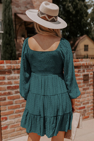 Mist Green Long Sleeve Smocked Tiered Boho Dress - Alleure