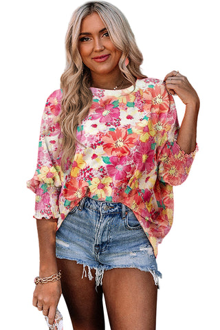 Boho Floral Long Sleeve Top with Shirred Cuffs