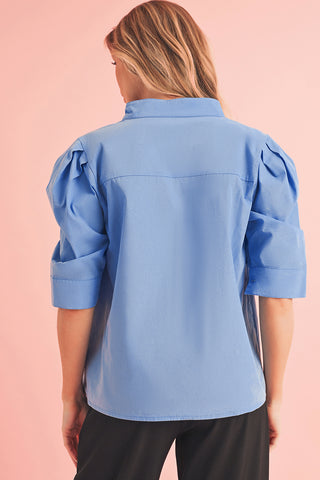 Blue Blouse with Pleats & Puff Sleeves