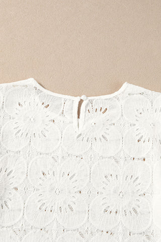 White Flower Eyelet Jacquard Keyhole Puff Sleeve Blouse - 3 Colors