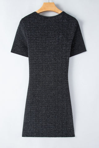 Black Plain Crew Neck Twist Front Tulip Hem Mini Dress - Alleure