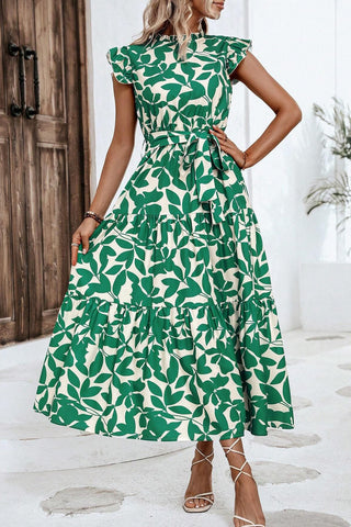 Green Leaf Print Tiered Ruffle Sleeves