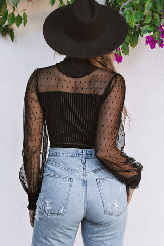 Bodysuit Velvet Bodice Sheer Dot Puff Sleeves