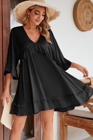 Black Ruffled 3/4 Sleeve V Neck Babydoll Short Dress - Alleure