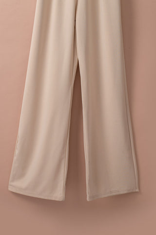 Beige Jumpsuit Boat Neckline Wide Legs Tie Sash