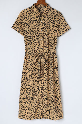 Khaki Leopard Print Waist Belted Button Up Shirt Dress - Alleure