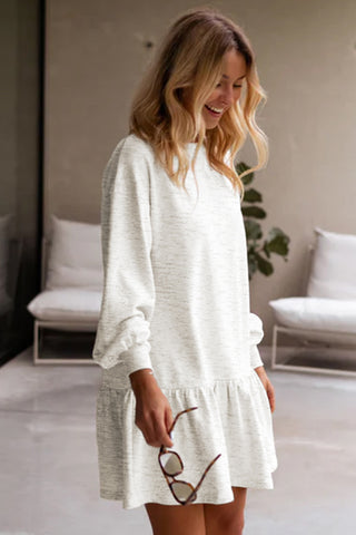 White Solid Color Ruffle Hem Mini Sweatshirt Dress - Alleure